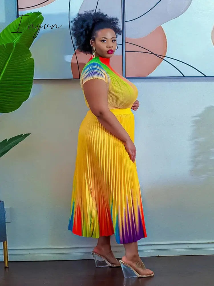 Ingvn - Long Pleated Dress Sets Women 2 Piece Outfits Summer Short Sleeve Gardient Print Swing Skirt Set Elegant Casual 2023 New In
