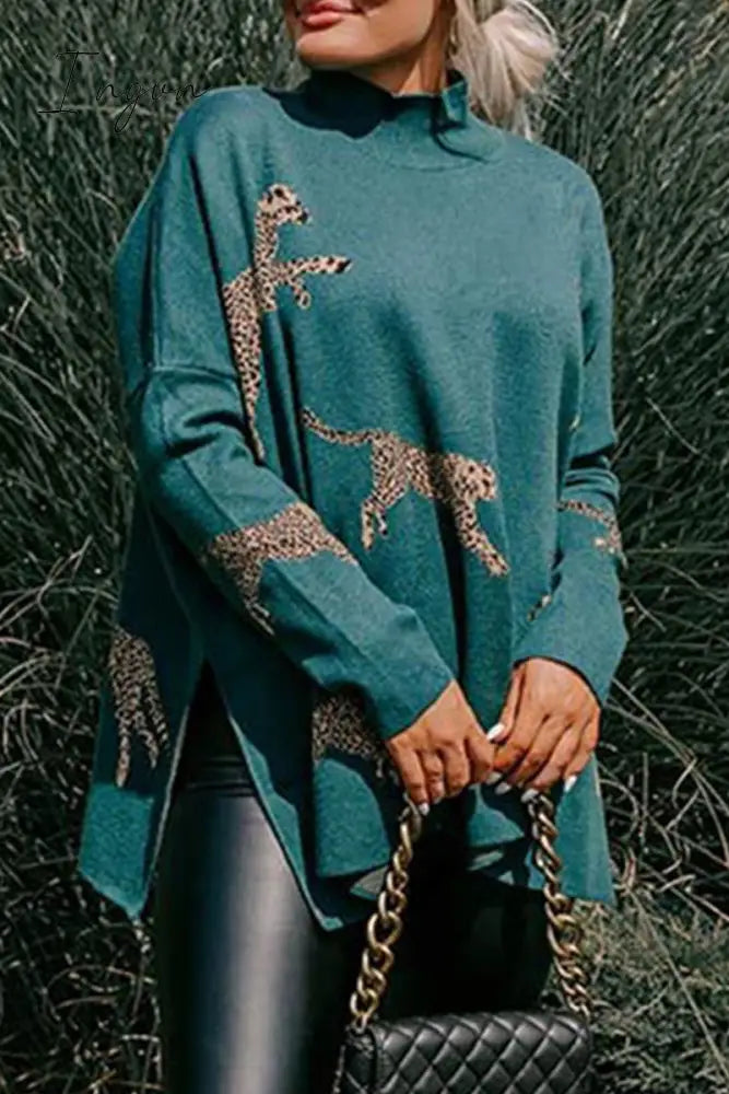 Ingvn - Casual Animal Slit Printing Turtleneck Tops