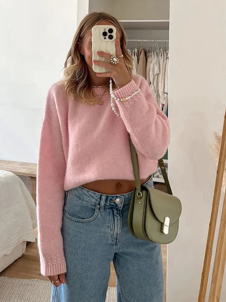 Solid Knit O-neck Elegant Women Pullover Long Sleeve Oversized Loose Soft Warm Sweater  Autumn Chic Casual Office Knitwears