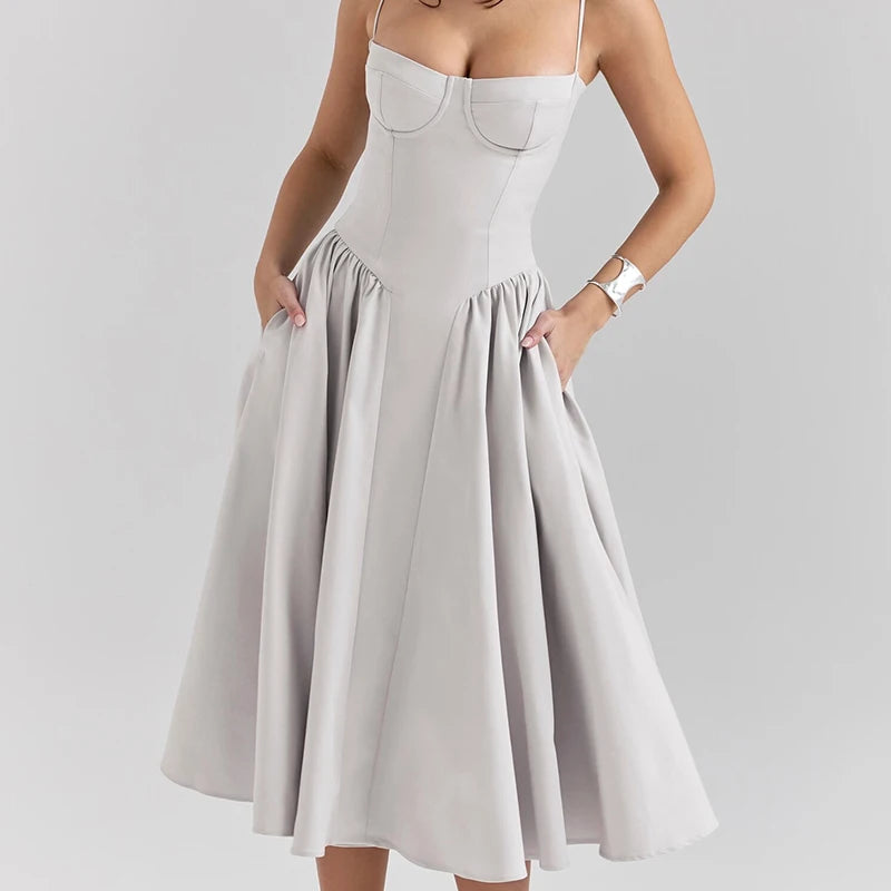 Women Sexy Spaghetti Straps Red Evening Party Dresses Pretty Girl Low Waist Flare And Flare Birthday Dresses Cotton