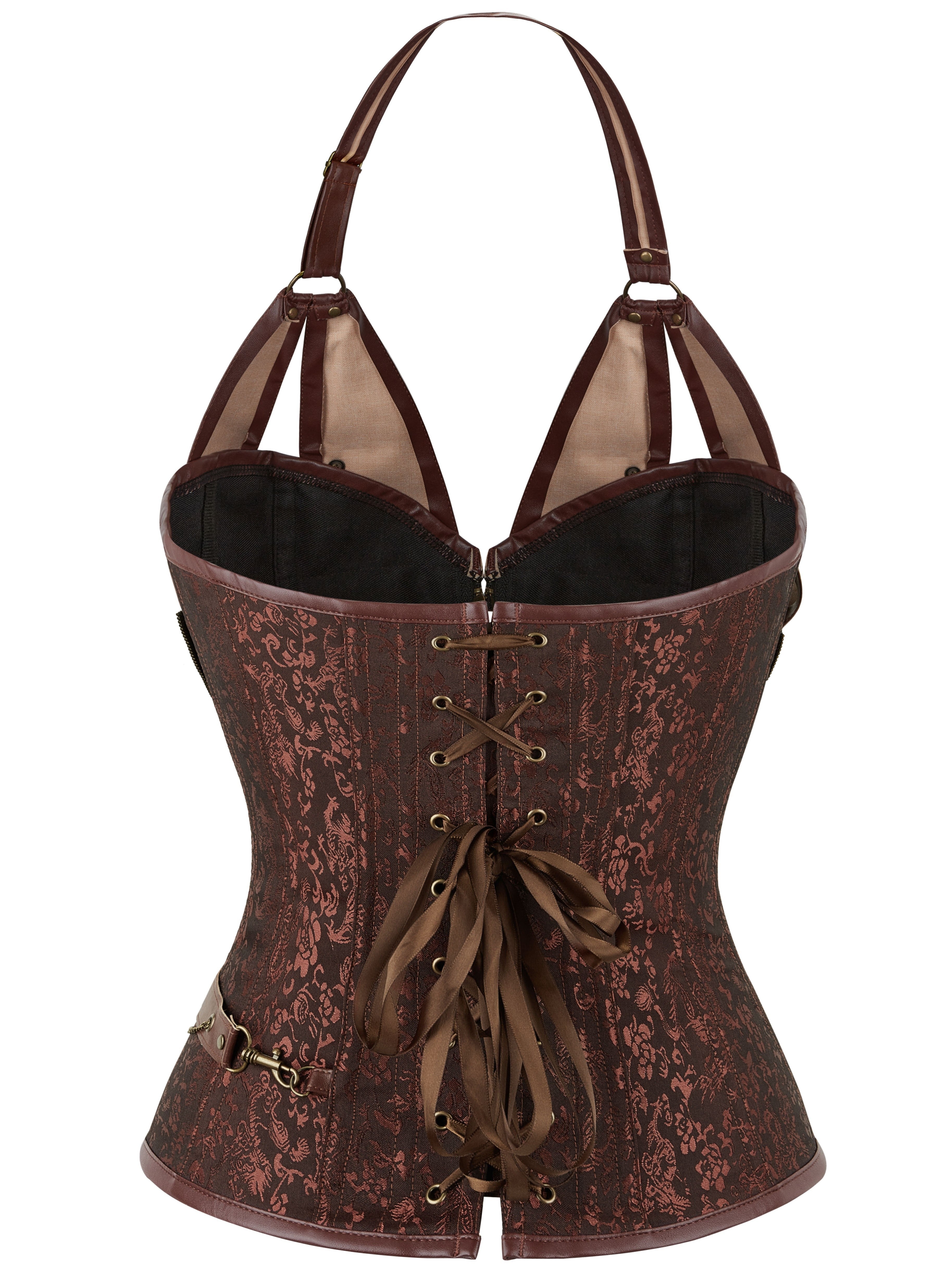 Plus Size Gothic Floral Jacquard Corset Body Shaper - Firm Tummy Control, Adjustable Lace-Up & Chain Decor - Silhouette-Sculpting Zipper Shaper for Women