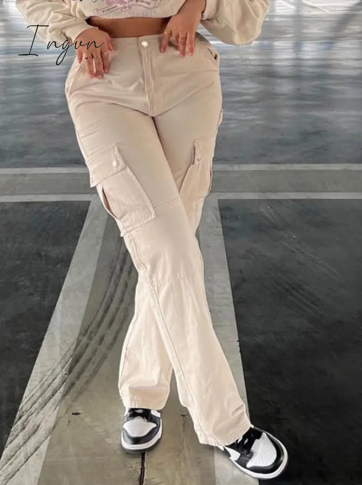 Ingvn - Khaki Cargo Pants Jeans Women High Waist Slim Fashion Streetwear ArmyGreen Big Pockets Y2k Vintage Baggy Denim Trousers Overalls