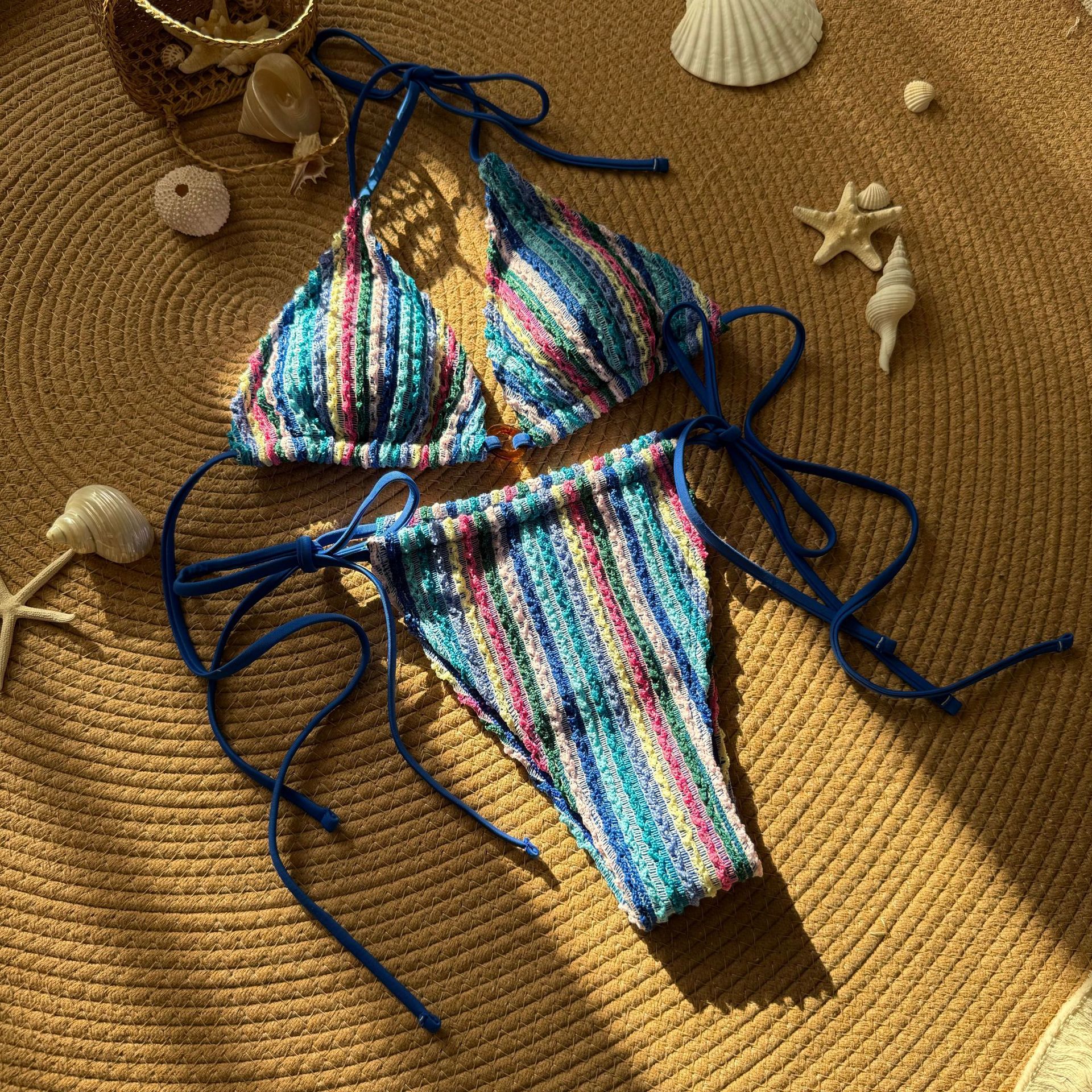 New Color-matching Jacquard Sexy Drawstring Strap Swimwear Swimsuit Bikini