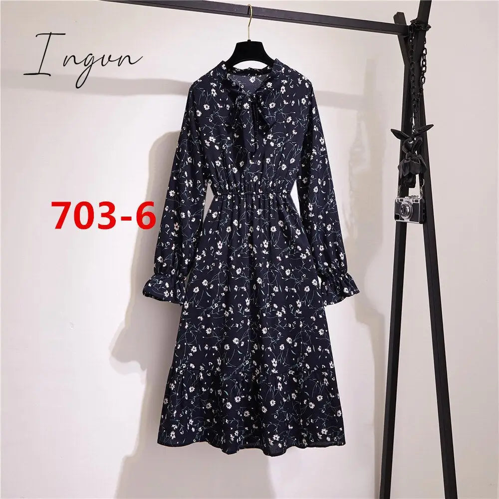 Ingvn - 11 Style Beautiful Fashion Summer Women Long Sleeve Dress Retro Collar Casual High Waist Dresses Floral Print Chiffon Clothing