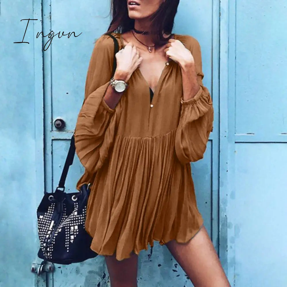 Ingvn - Loose Dress Autumn Women Long Sleeve Solid V Neck Party Dress Casual Loose Ruffled Pleated Party Vestido Robe