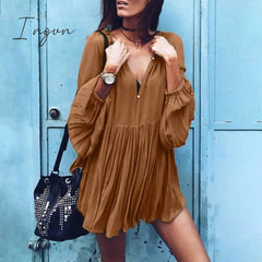 Ingvn - Loose Dress Autumn Women Long Sleeve Solid V Neck Party Dress Casual Loose Ruffled Pleated Party Vestido Robe