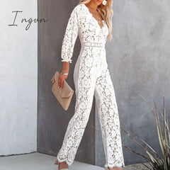 Ingvn - Elegant Office Ladies Pants Romper Overalls Autumn Long Sleeve Solid Crochet Lace Slim Jumpsuits Women Fashion Straight Playsuit