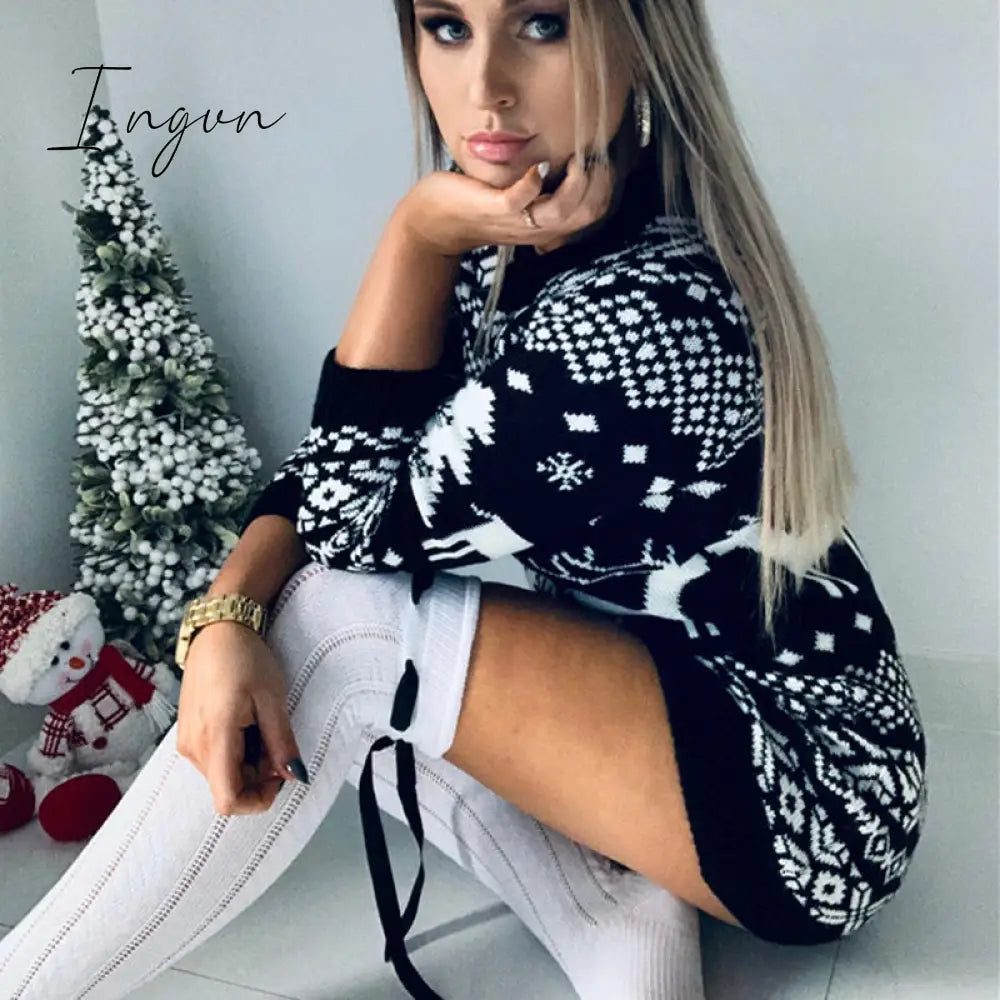 Ingvn - Fashion Autumn Winter Long Sleeve Loose Christmas Dresses Ladies Christmas Print A-line Mini Dress tops New Women