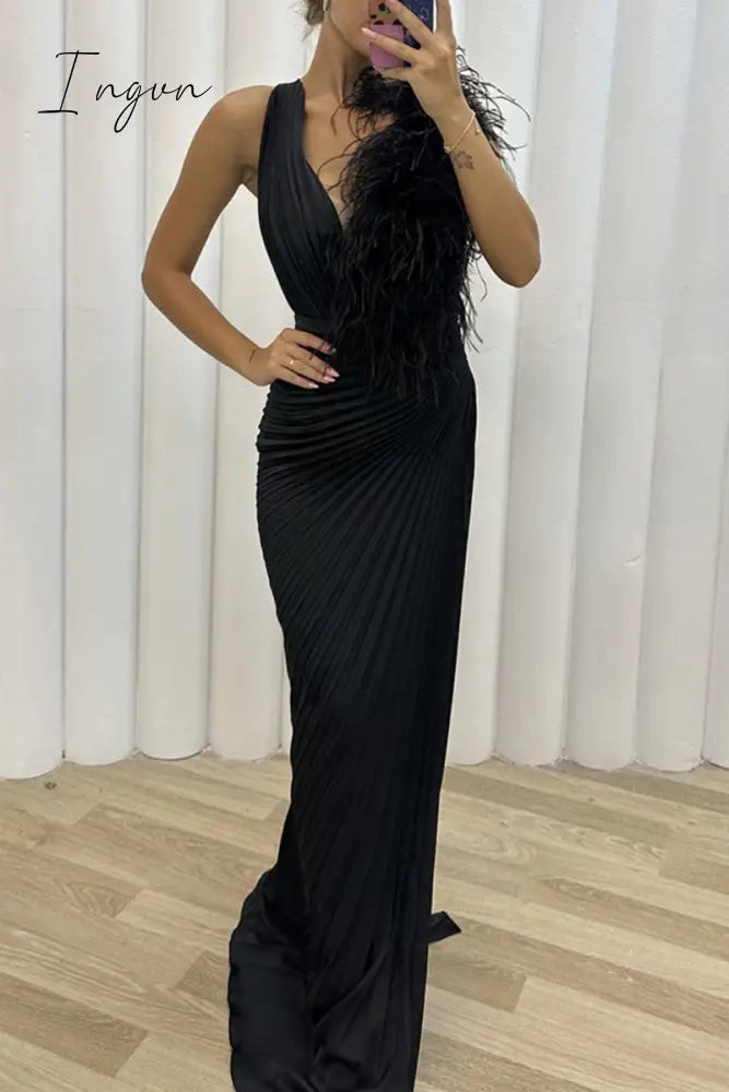 Ingvn - Sexy Solid Patchwork Pleated V Neck Long Dress Dresses