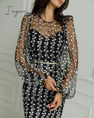 Ingvn - Charming Lace Women's Party Dress Elegant Long Sleeves O-Neck Dresses for Women Summer Mesh Formal Mid Dress Girls