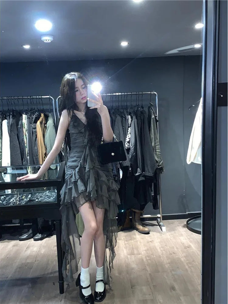 Japanese Sexy Dark Sleeveless V-neck Women Dresses Cascading Ruffles Asymmetrical Femme Robe Harajuku 2025 Summer Camisole Dress