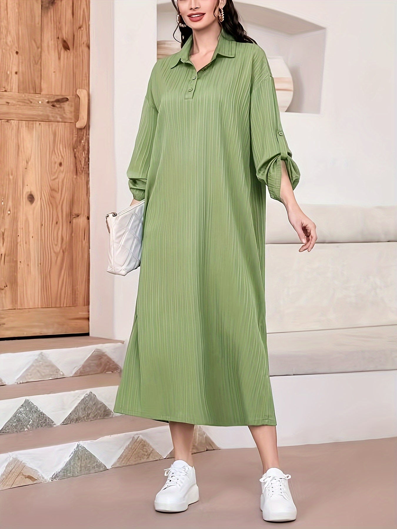 Elegant Women's Solid Textured Half Button Collared Midi Dress with Adjustable Long Sleeves for Spring & Fall