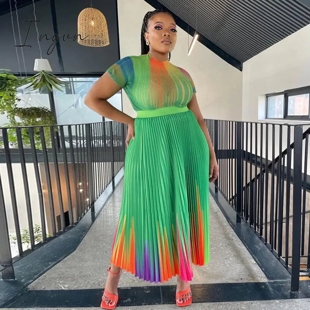 Ingvn - Long Pleated Dress Sets Women 2 Piece Outfits Summer Short Sleeve Gardient Print Swing Skirt Set Elegant Casual 2023 New In