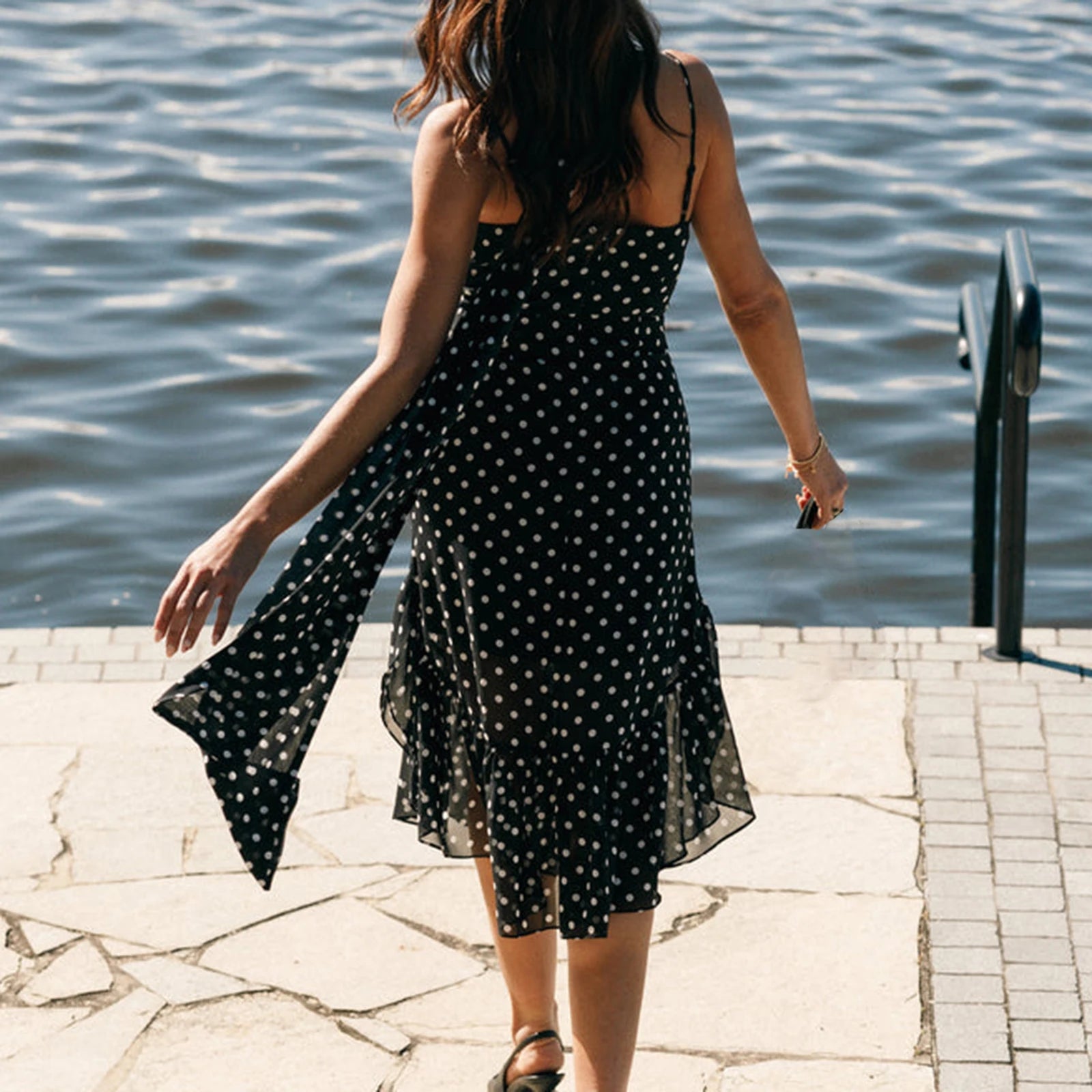 Women Summer Spaghetti Strap Dress Casual Dot Print Ruffle Party Dress and Scarf for Vacation Beach Streetwear