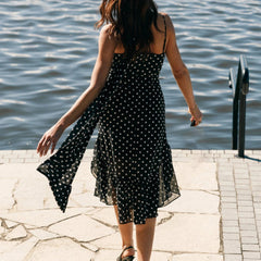 Women Summer Spaghetti Strap Dress Casual Dot Print Ruffle Party Dress and Scarf for Vacation Beach Streetwear