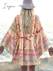Ingvn - Vintage Peacock Floral Print Sashes Bohemian Kimono Women V Neck Batwing Sleeves Short Robe Boho Bikini Cover-ups