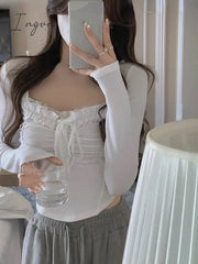 Ingvn - 2023 Spring Basic Lace Y2k Crop Tops Woman Slim Pure Color Korean T-shirt Office Lady Casual Fashion Clothing Female Design