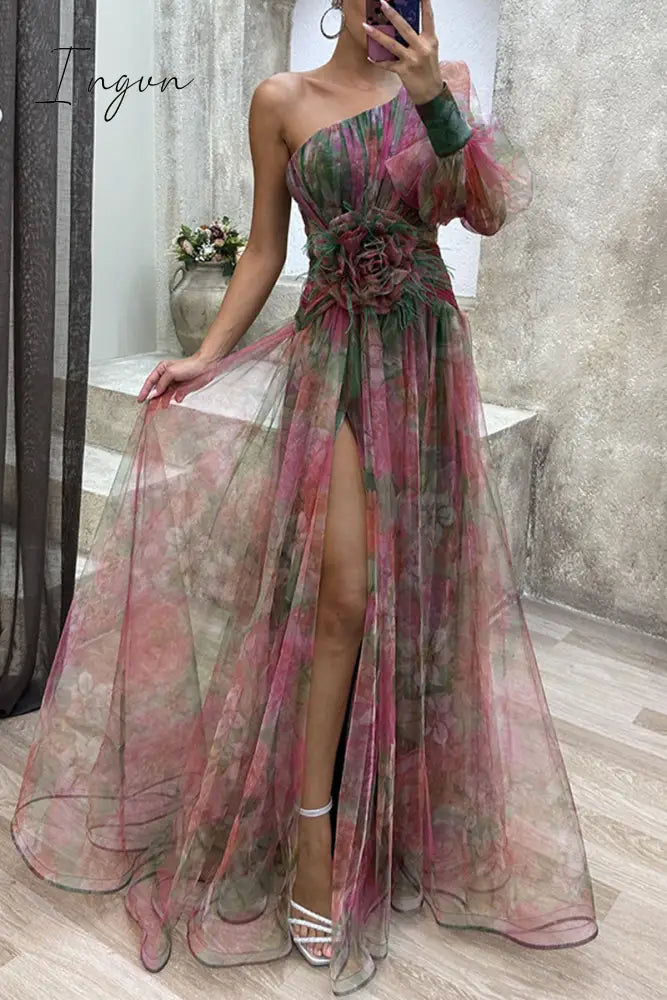 Ingvn - Elegant Gradual Change Slit Oblique Collar Evening Dress Dresses