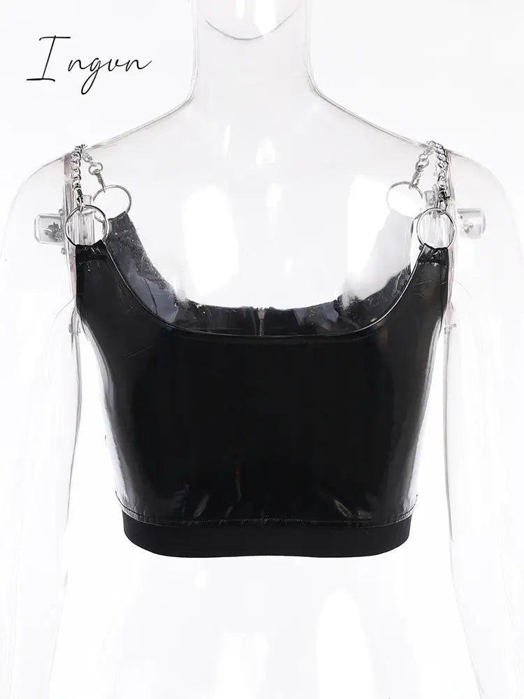 Ingvn - Gothic Summer PU Black Camis Women Punk Grunge Sleeveless Sexy Halter Crop Top Streetwear Aesthetic Hollow Out Camisole