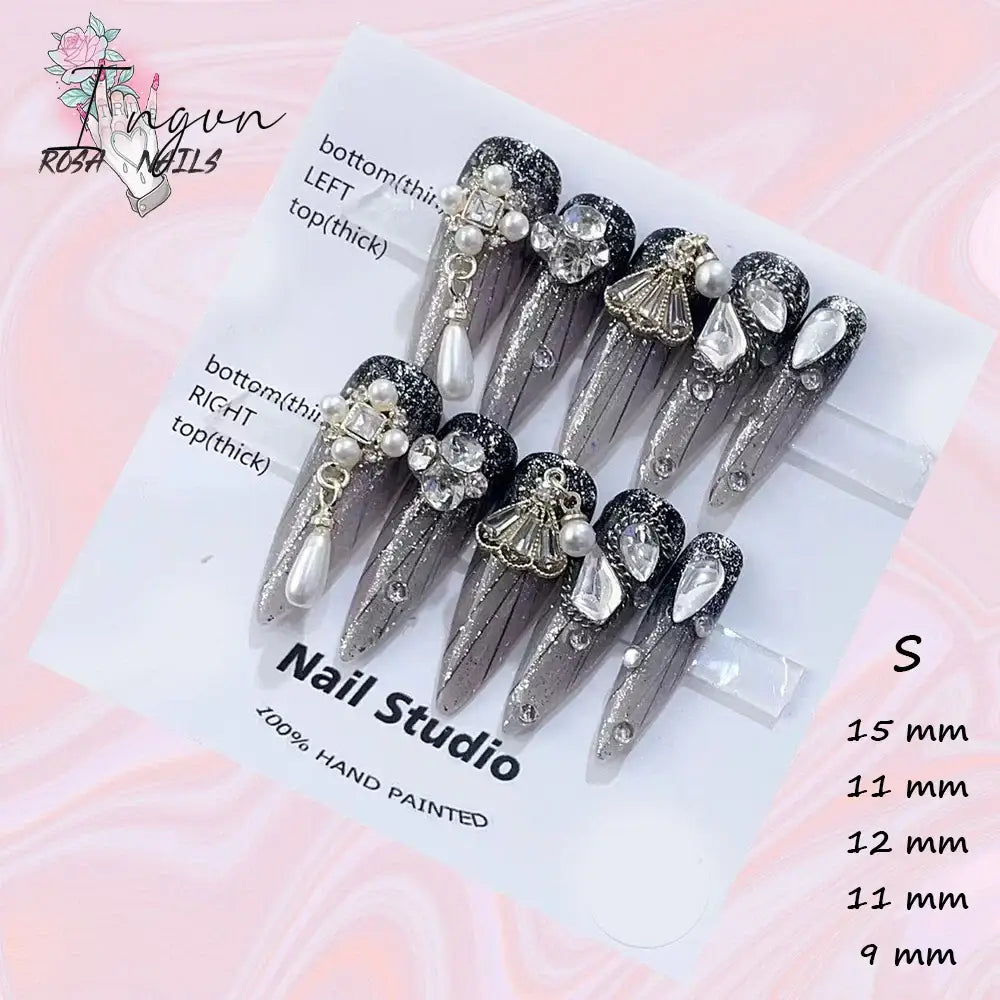 Punk Dragon Charms Press on Nail Artificial Long False Nails XS Black Dragons Goth Presson Tips Butterfly Fake Nail y2k Pressons
