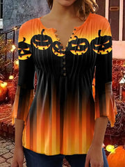 Ingvn - Women's Shirt Blouse T shirt Tee Orange Pumpkin Button Print Long Sleeve Halloween Casual Basic Round Neck Regular Floral Painting S
