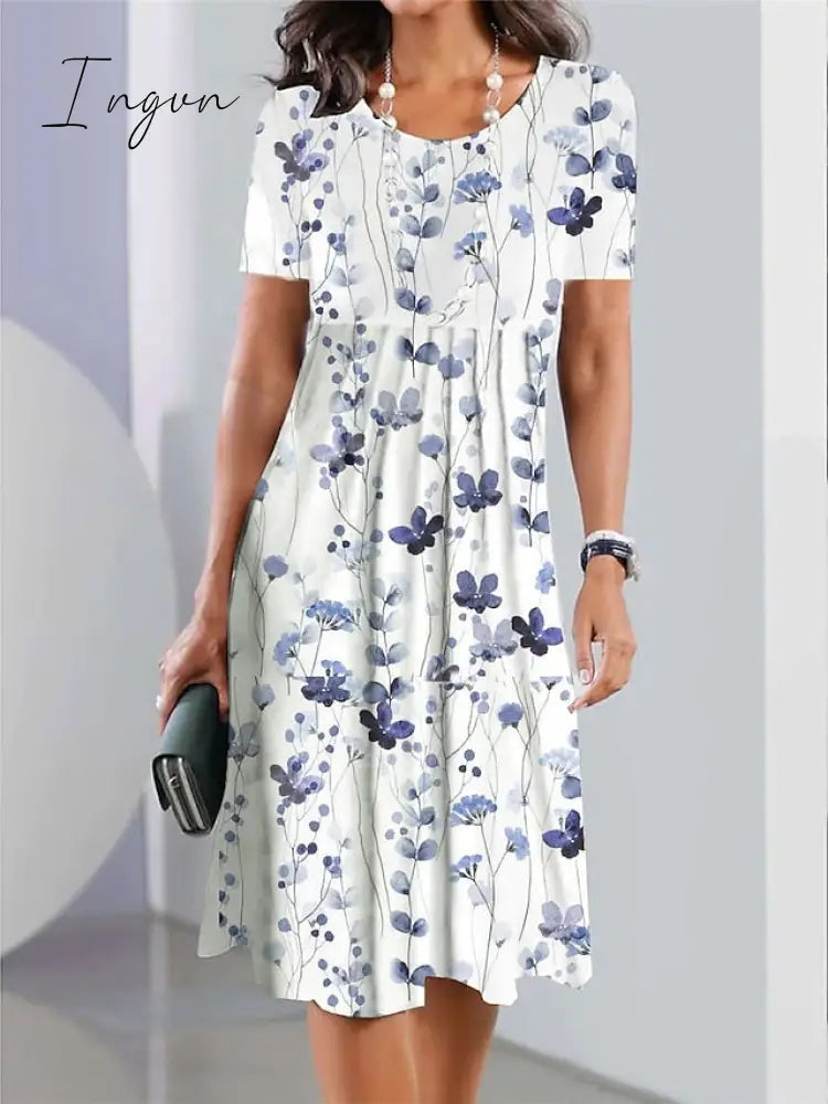 Ingvn - Women's Casual Dress Summer Dress Print Dress Floral Ombre Pocket Print Crew Neck Midi Dress Fashion Streetwear Outdoor Daily Short Sleeve Loose Fit White Light Green Navy Blue Summer Spring S M L XL