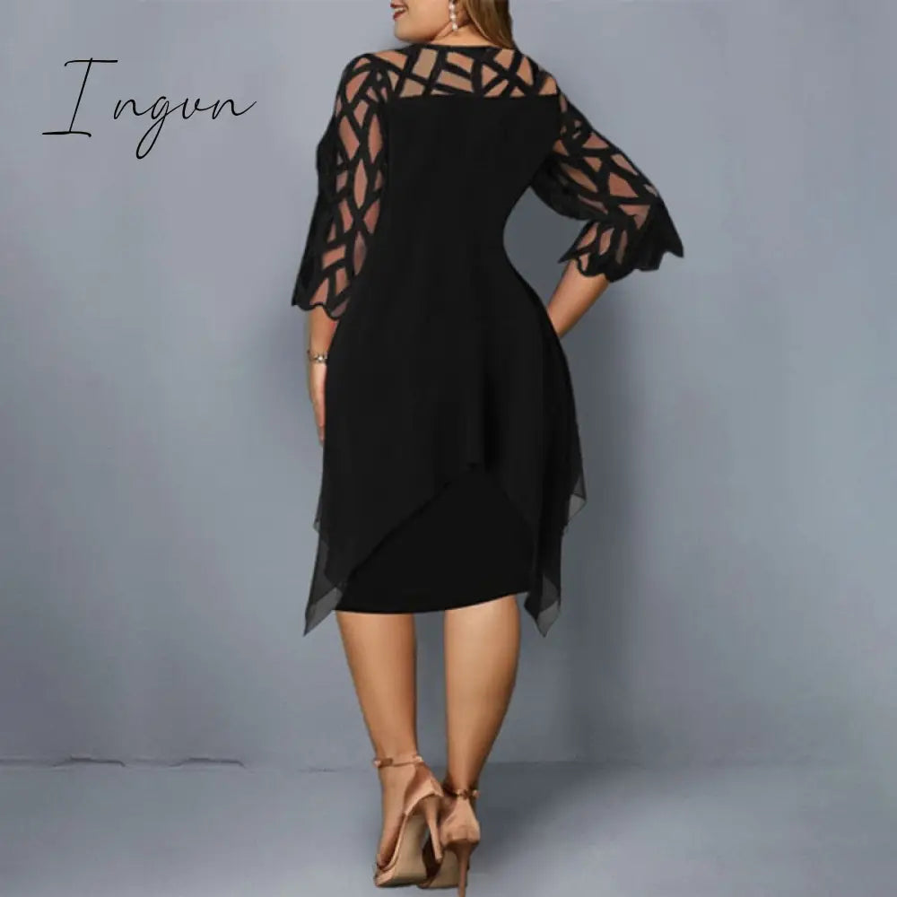 Ingvn - Plus Size Dresses 4XL 5XL 6XL Lace Mesh Sexy Elegant Midi Party Dress Red Black Green Purple Loose Hellow Women's Clothing