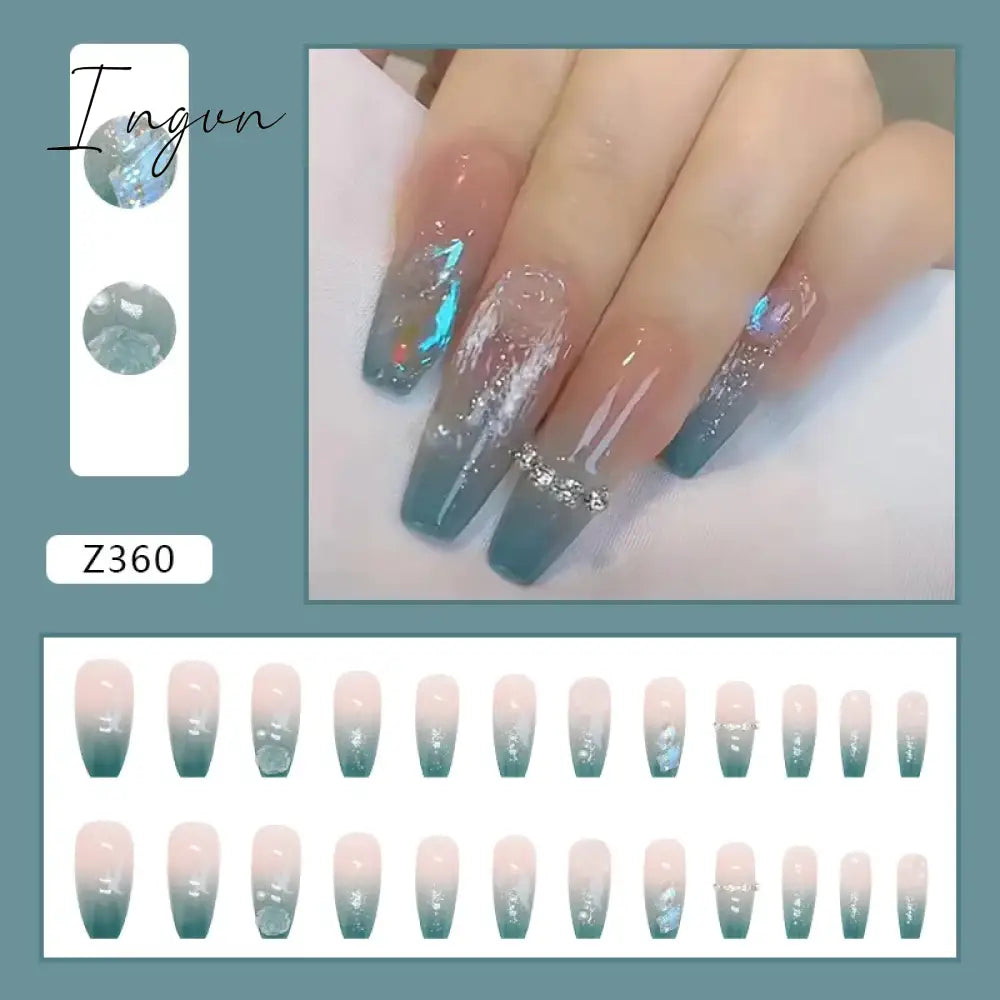 24pcs/box Press On False Nails Blue Camellia Nail Art Wearable Fake Nails Long Ballerina With Wearing Tools
