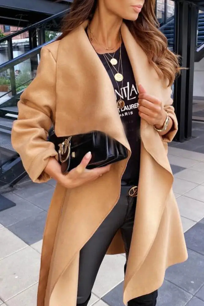 Ingvn - British Style Elegant Solid Bandage Turndown Collar Outerwear