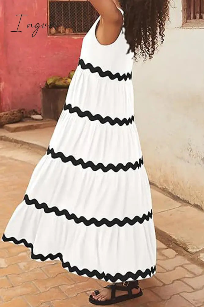 Ingvn - Sexy Simplicity Print Ripple Contrast U Neck Sleeveless Dress Dresses