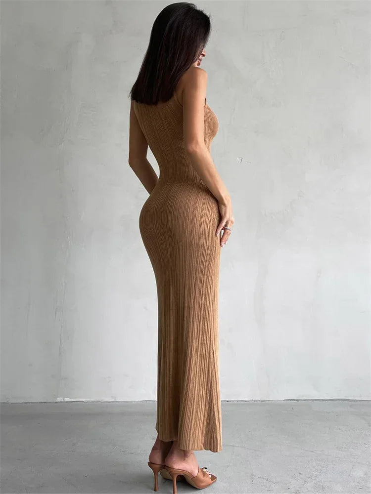 Sleeveless Knitwear Turtleneck Long Dress Female Slim Elegant Fashion Autumn Ribbed Knit Dress For Women Maxi Dress