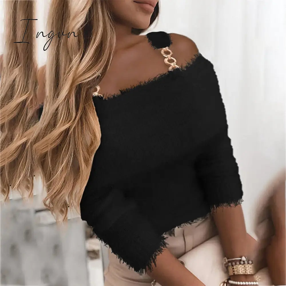 Ingvn - Elegant Off Shoulder Knitted Sweater Women Winter Slim Oversized Sweaters Pullovers Autumn Solid Color Jumper Pull Femme
