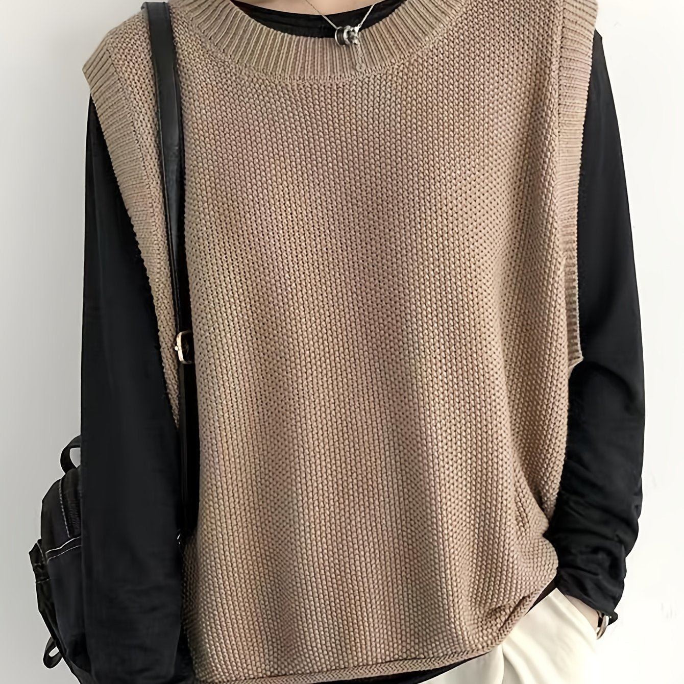 Women's Casual Solid Crew Neck Knitted Sleeveless Loose Fit Vest Sweater, Soft and Cozy Winter Clothing