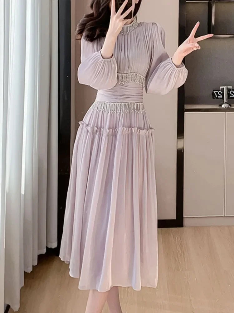 Elegant Party Tasseled with Diamonds Midi Dresses for Women Vintage Fashion New Ruffle Long Sleeve Slim Female Clothes Robe