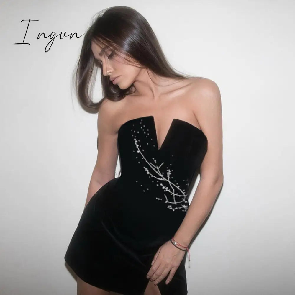 Ingvn - Womens Fall Fashion V Neck Velvet Dress Women Sexy Sleeveless Elegant Fashion Female Clothes Solid Backless Strapless Side Split Dress Black