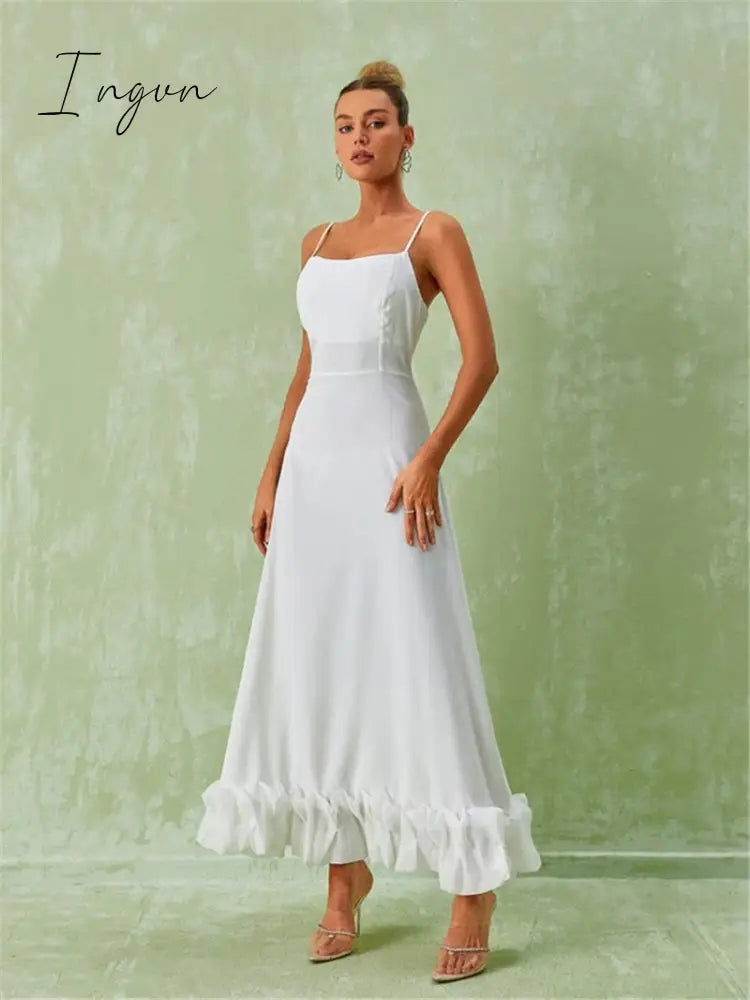 Ingvn - Elegant Flower Hem Sexy Midi Dress Women Spaghetti Strap Sleeveless Backless A- Line Loose Temperament Long Dress
