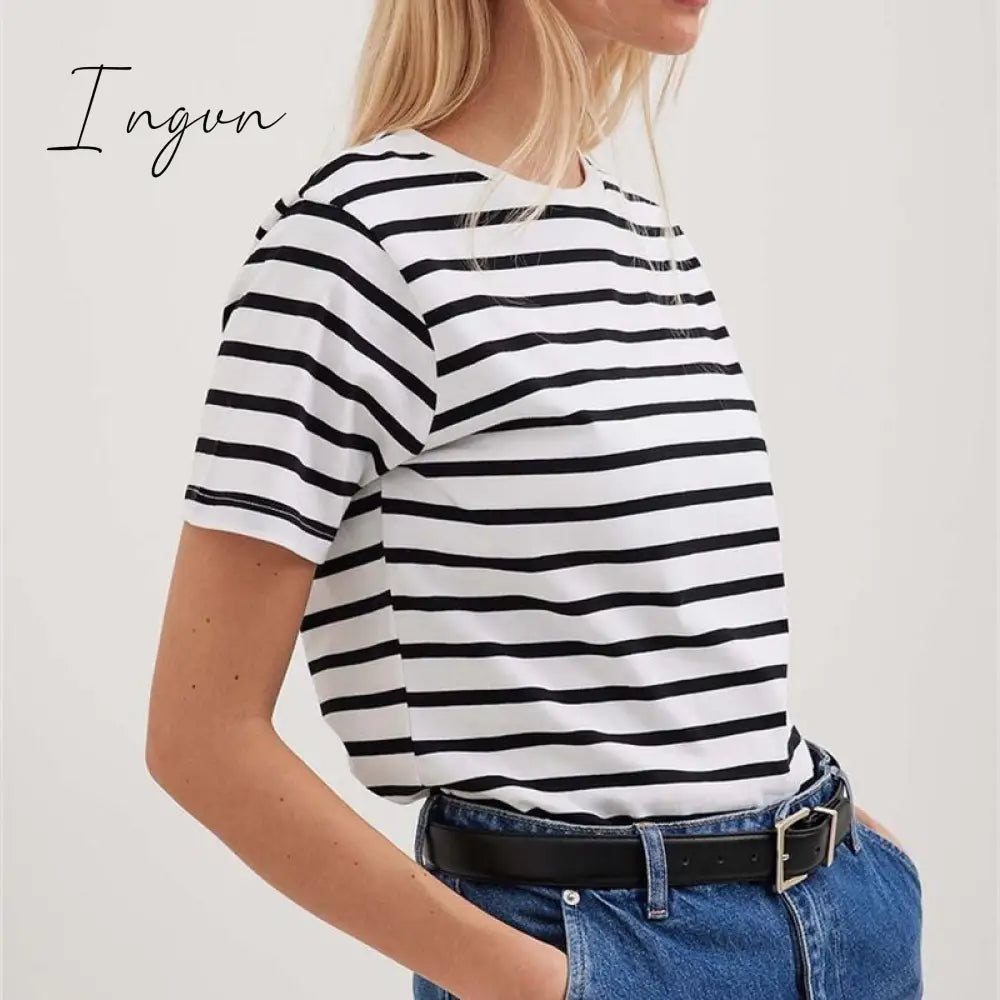Ingvn - Ladies Loose Cotton Summer Short Sleeve O Neck Striped Basic T-Shirts Women T Shirt Casual Cozy Tee Tops Harajuku Shirt Female