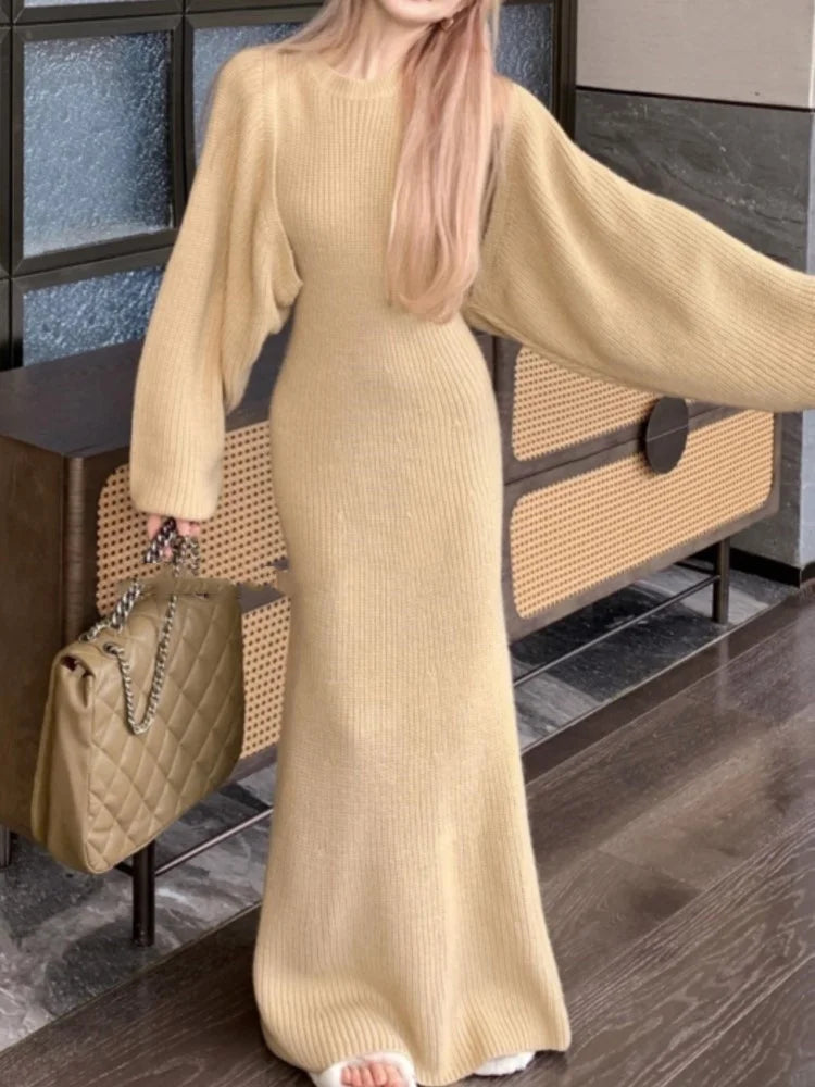 Autumn Solid Knitted Dress Suits Loose Cardigan + Evening Party Slim Long Dresses Winter Sweater Two Piece Set Female Clothes