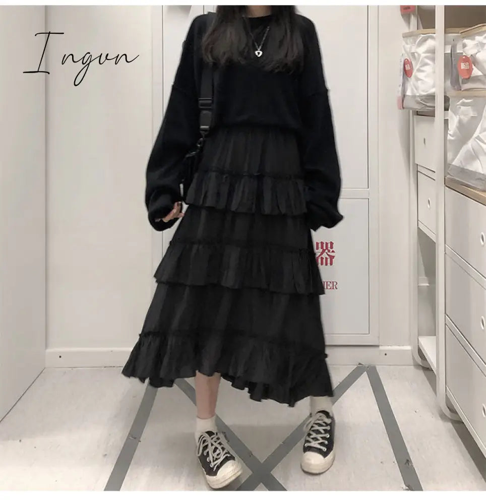 Ingvn - Midi Long Skirts Womens Maxi Skirt Goth Lolita Summer High Waisted Asymmetrical High Low Ruched Ruffle Skirts rok