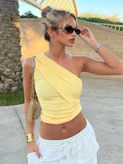 Ingvn  Yellow Tank Tops Women's Summer One Shoulder Sleeveless Short T-shirt Y2K Streetwear  Fashion Diagonal Collar Slim Crop Top