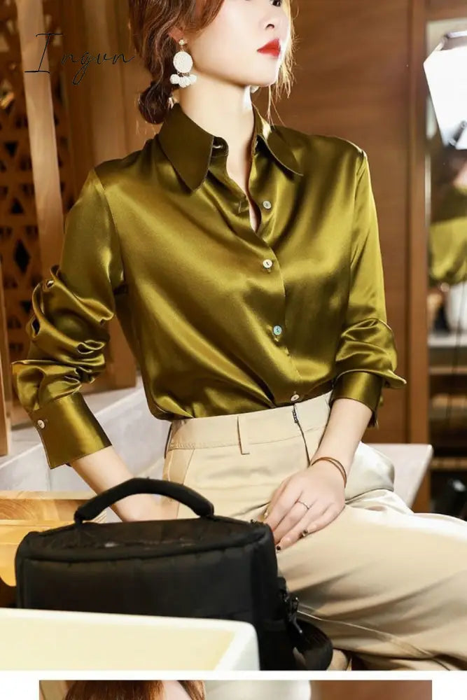 Ingvn - Brand Quality Luxury Women Shirt Elegant Office Button Up Long Sleeve Shirts Momi Silk Crepe Satin Blouses for Women Fashion Business Ladies Top