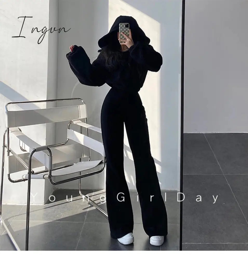 Ingvn - New High Street Elastic Waist Solid Color Flare Pants For Women Spring Autumn Thick Casual Female Trouser BSXM new years eve outfits women