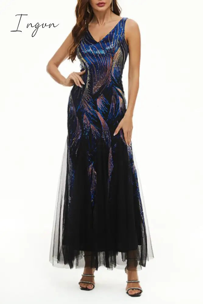 Ingvn - Celebrities Elegant Color Block Patchwork V Neck Evening Dress Dresses