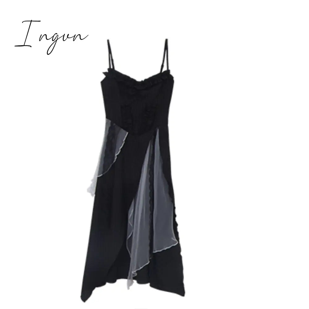 Ingvn - Sexy Strap Midi Dress Woman Casual 2023 Summer Sleeveless Black Vintage Dress Elegant Party One Piece Dress Korean Fashion Slim