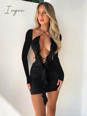 Ingvn - Hollow Out Ruffles Sexy Mini Dress Women Robe Halter Long Sleeve Backless Bodycon Beach Holiday Club Dress Vestido