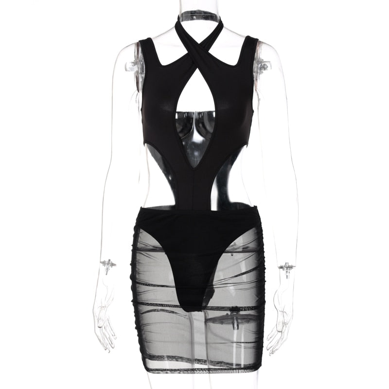 Short Sleeve Halter Hollow Out Hole Backless Bodycon Dress Summer Sexy Women Streetwear Y2K Party Casual Club