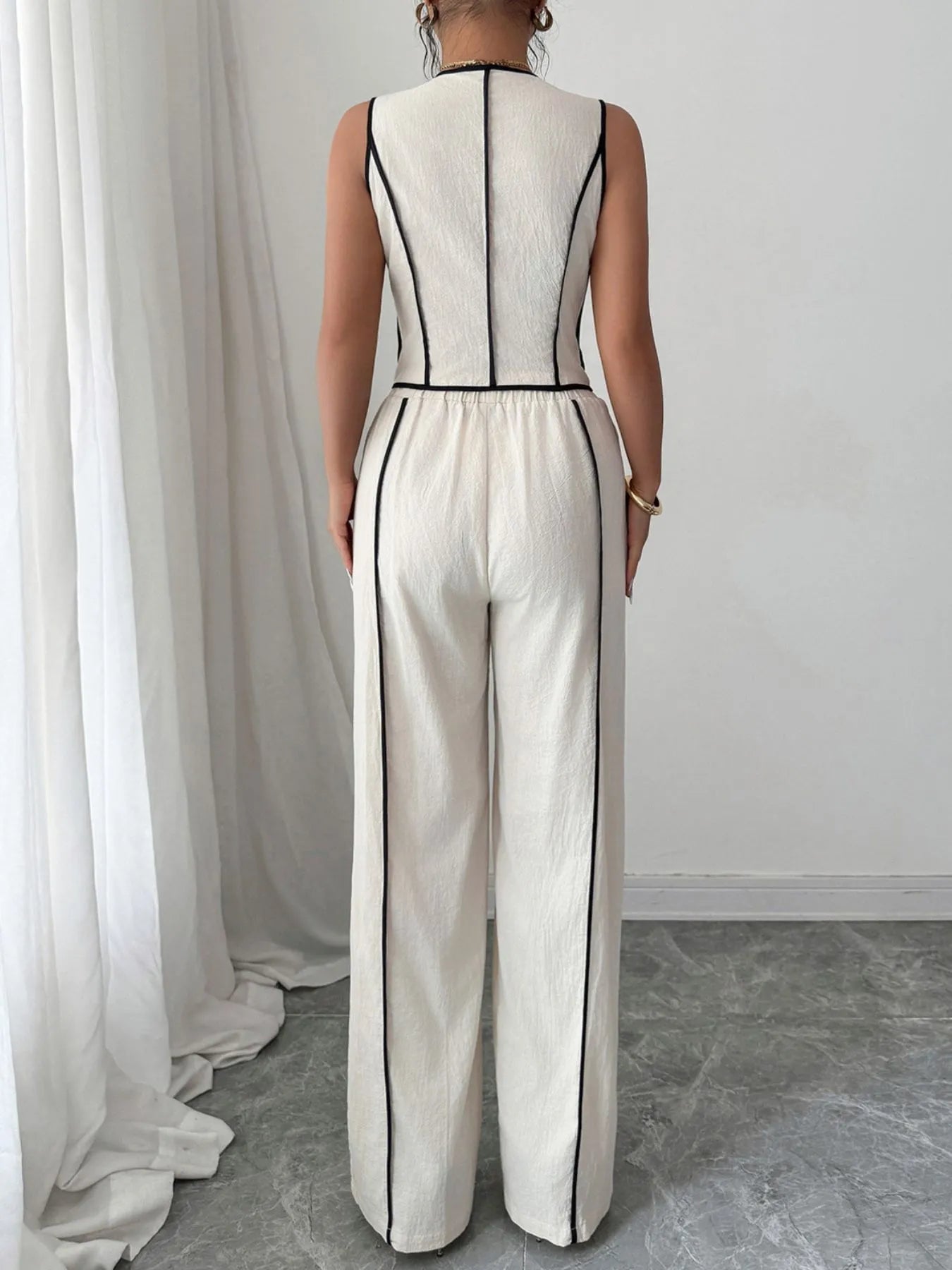 Contrast Trim V-Neck Vest and Pants Set