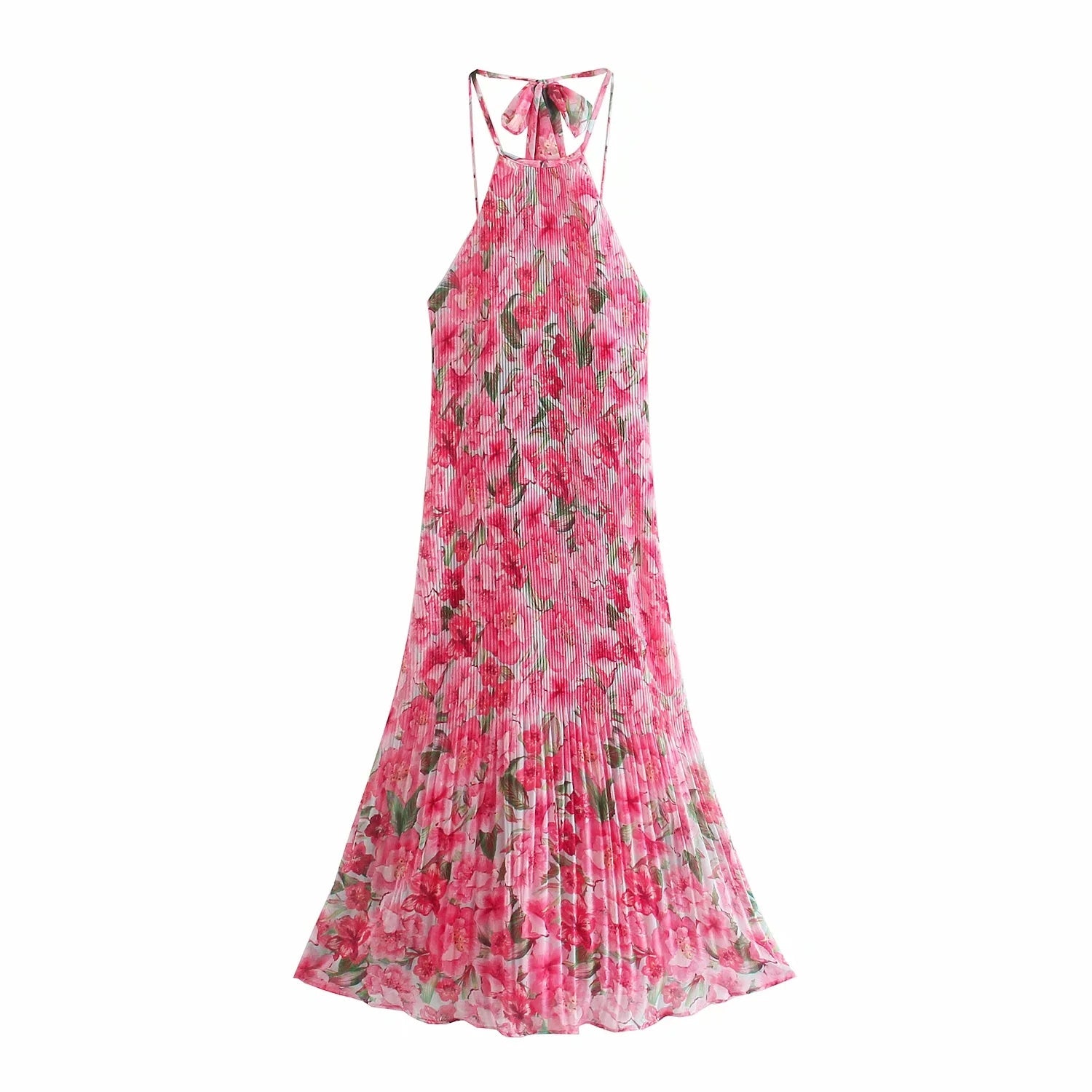 Sleevelss Halter Maxi Summer Dress for Women Sexy Backless Beach Pink Boho Robe Femme  Lace Up Sundress Floral Dress