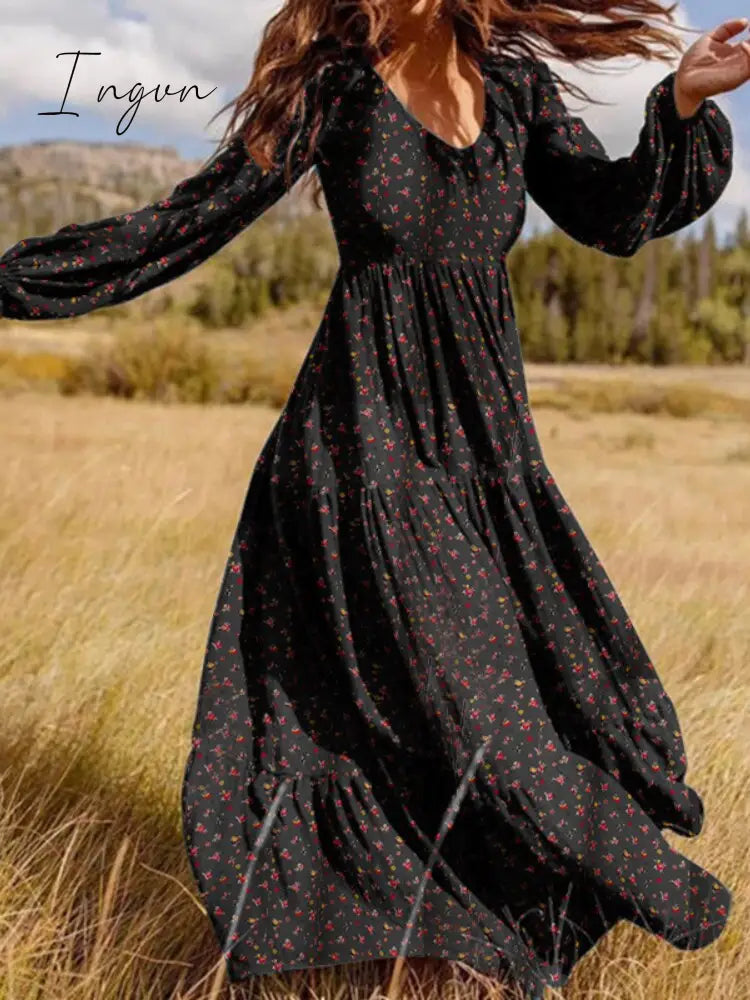 Ingvn - V Neck Long Sleeve Patchwork Solid Color Dress