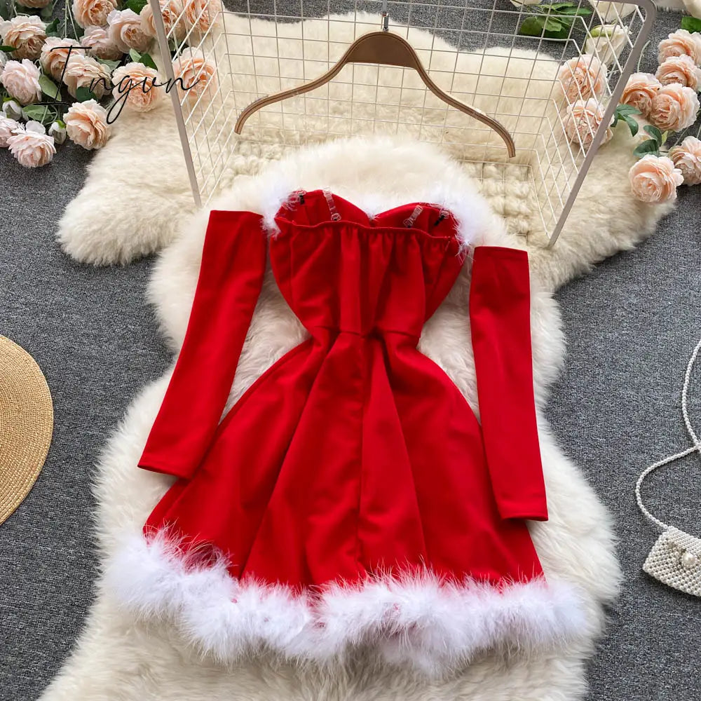Ingvn - Gifts For Women Elegant Dress For New Year Strapless Backless Furry Sexy Short Mini Christmas Dress Navidad Red Party Dress Femme